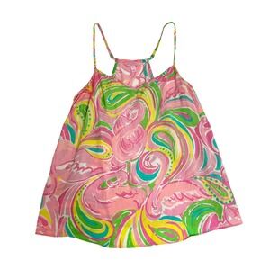 Lilly Pulitzer Dusk Silk Tank Top Pink Green Flamingo Paisley Print Size XS